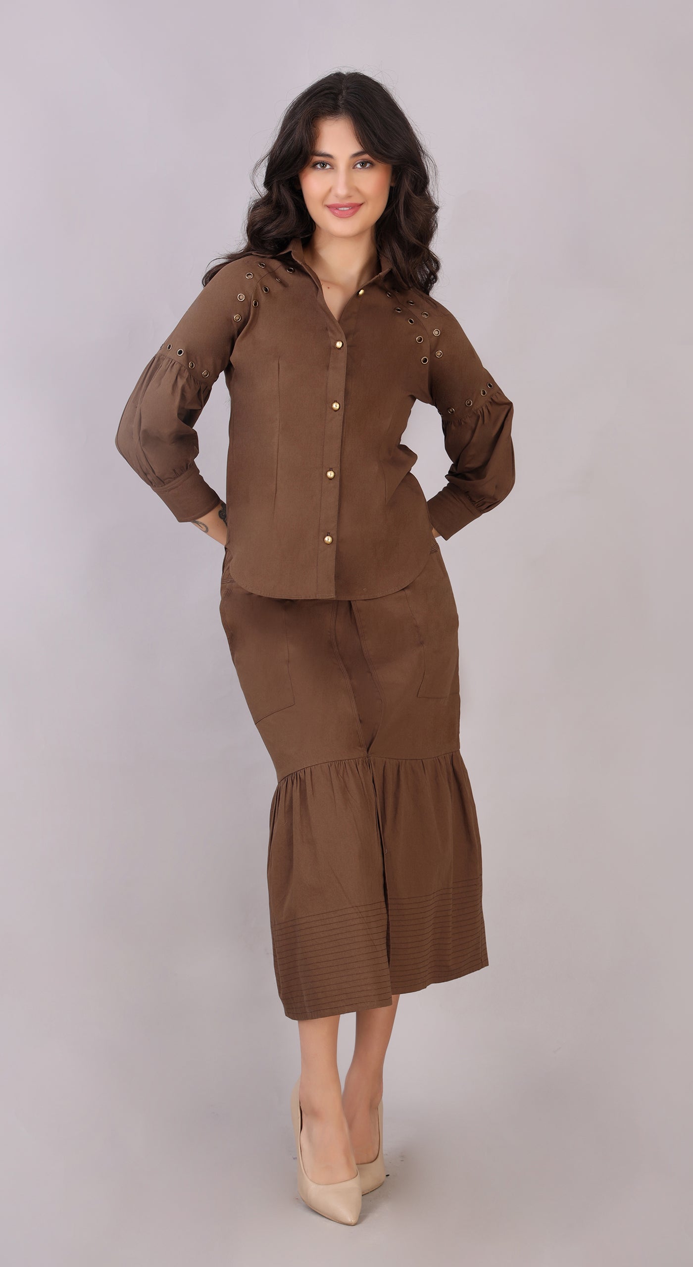 Cotton Twill Balloon Sleeve Shirt with Eyelets and Golden Color Buttons