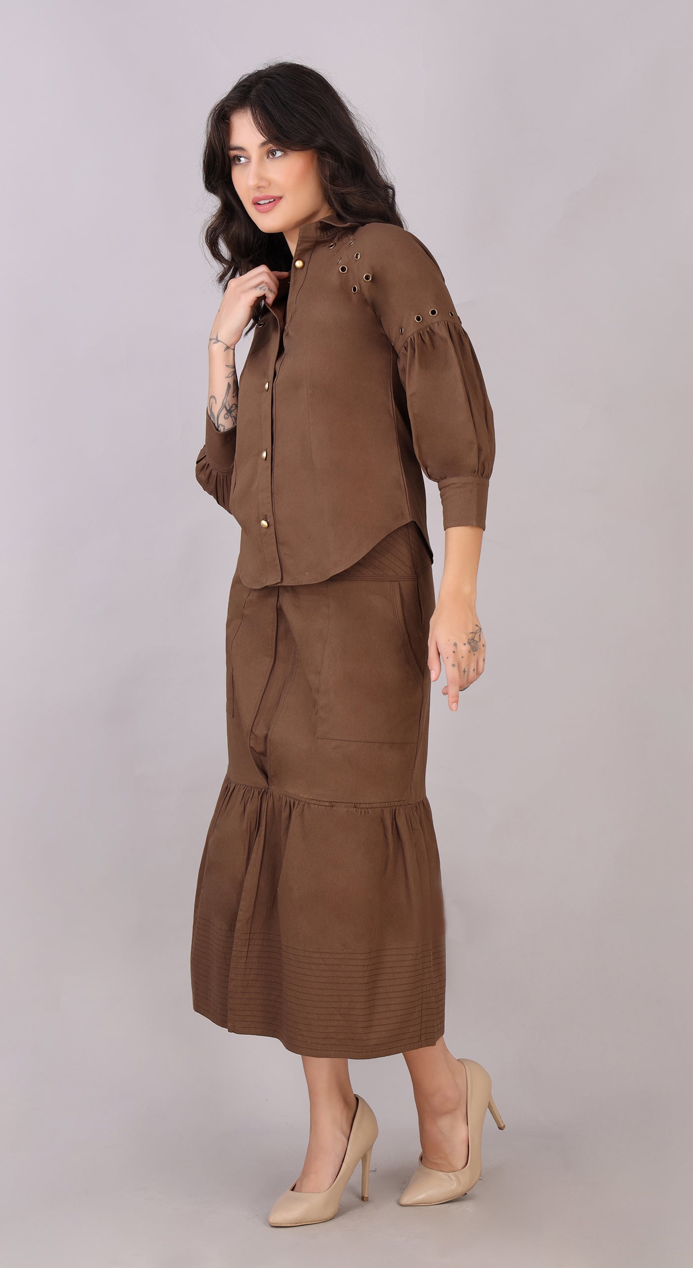 Cotton Twill Long Skirt with Double Front Pocket, Zipper, Hook, and Golden Color Buttons