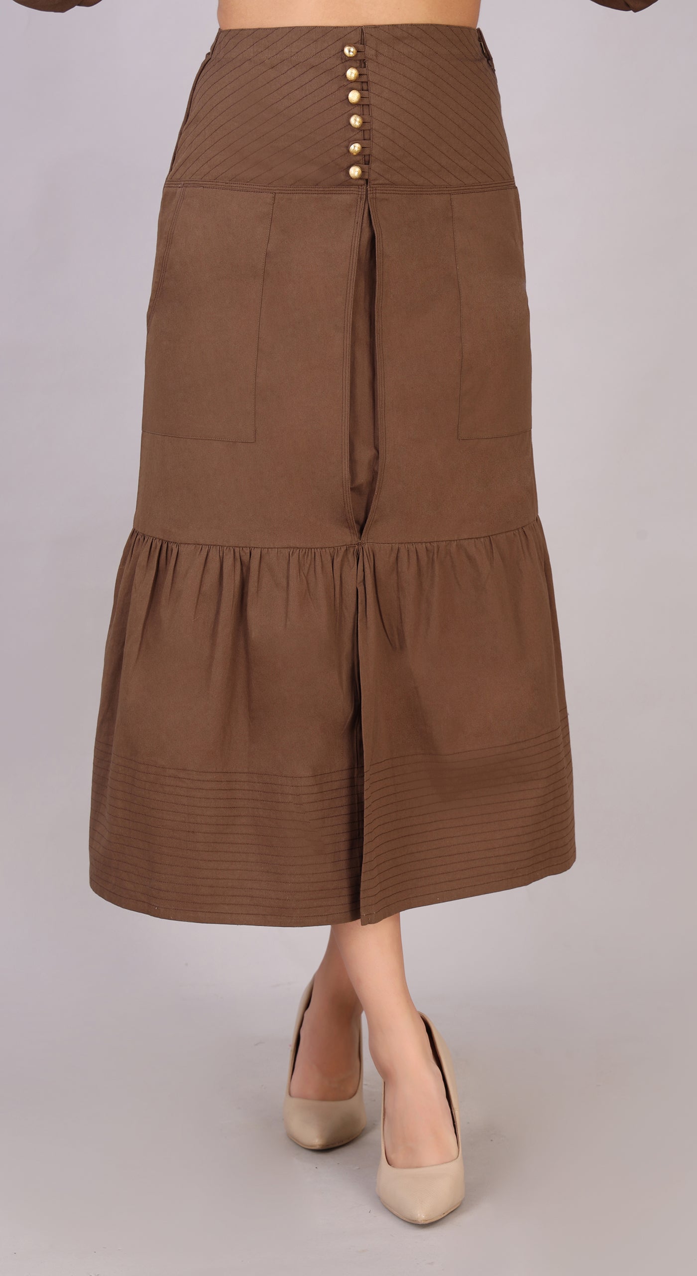 Cotton Twill Long Skirt with Double Front Pocket, Zipper, Hook, and Golden Color Buttons