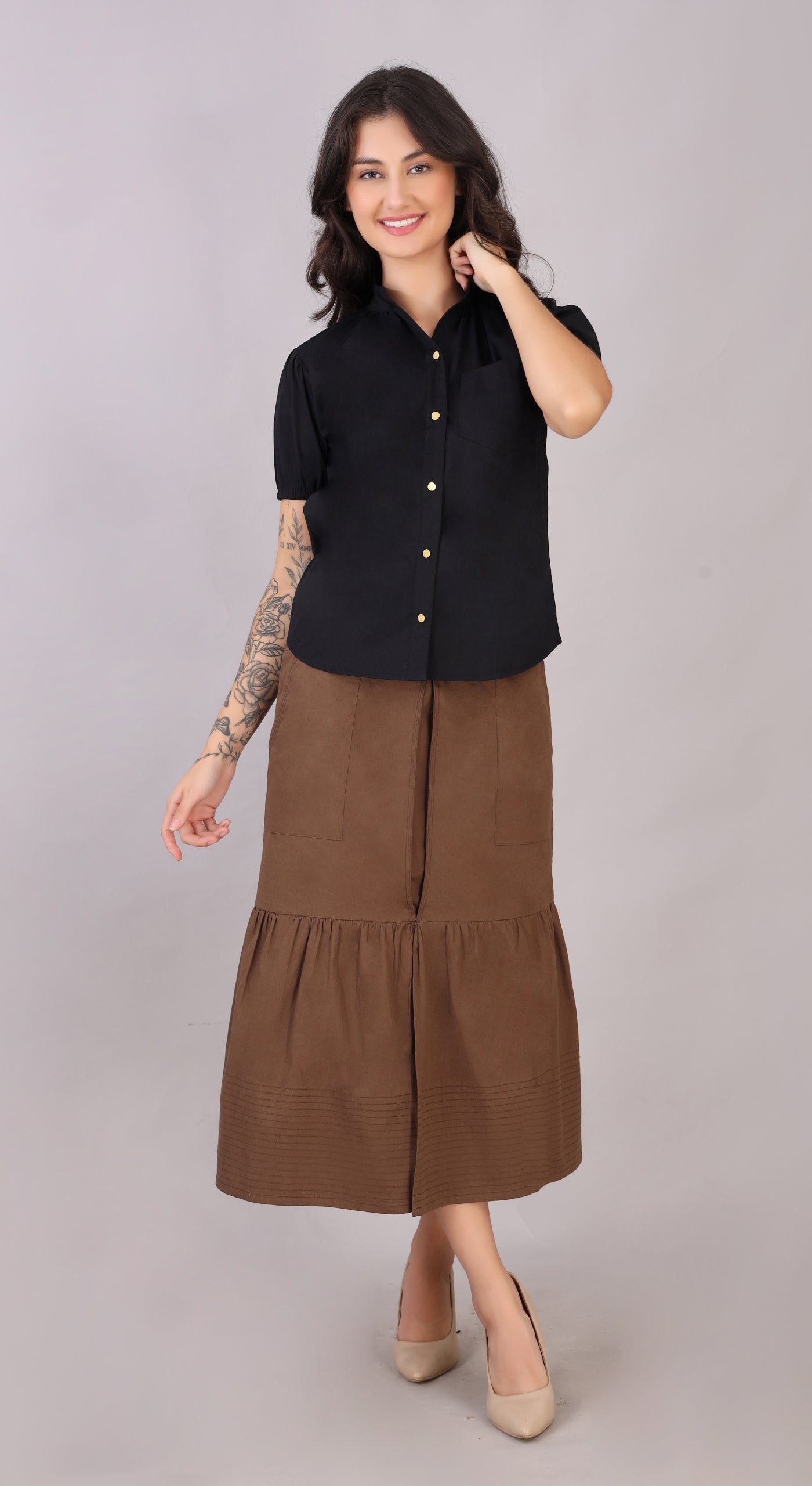 Cotton Twill Long Skirt with Double Front Pocket, Zipper, Hook, and Golden Color Buttons