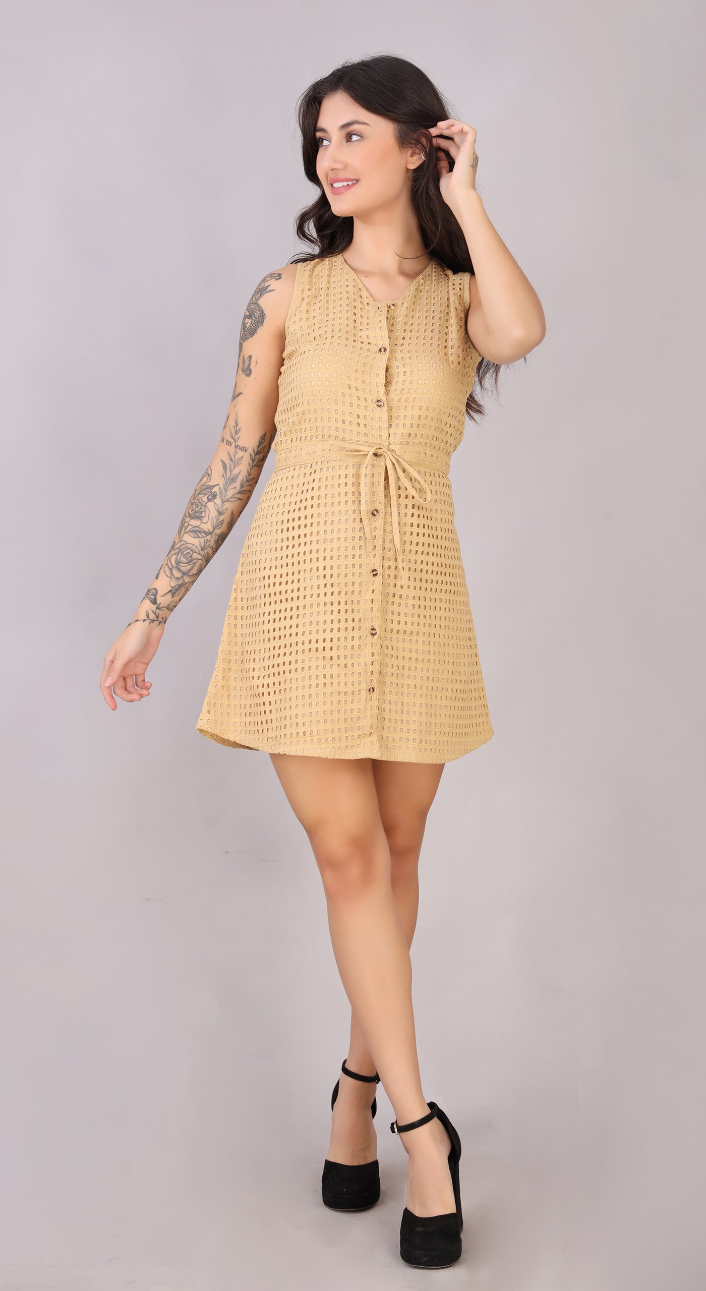 Cotton Schiffli Dress with Side Pockets, Button Down Front & Self Fabric String Belt