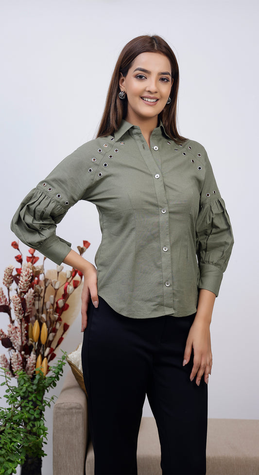 Cotton Linen Balloon Sleeve Shirt with Eyelets and Golden Color Buttons