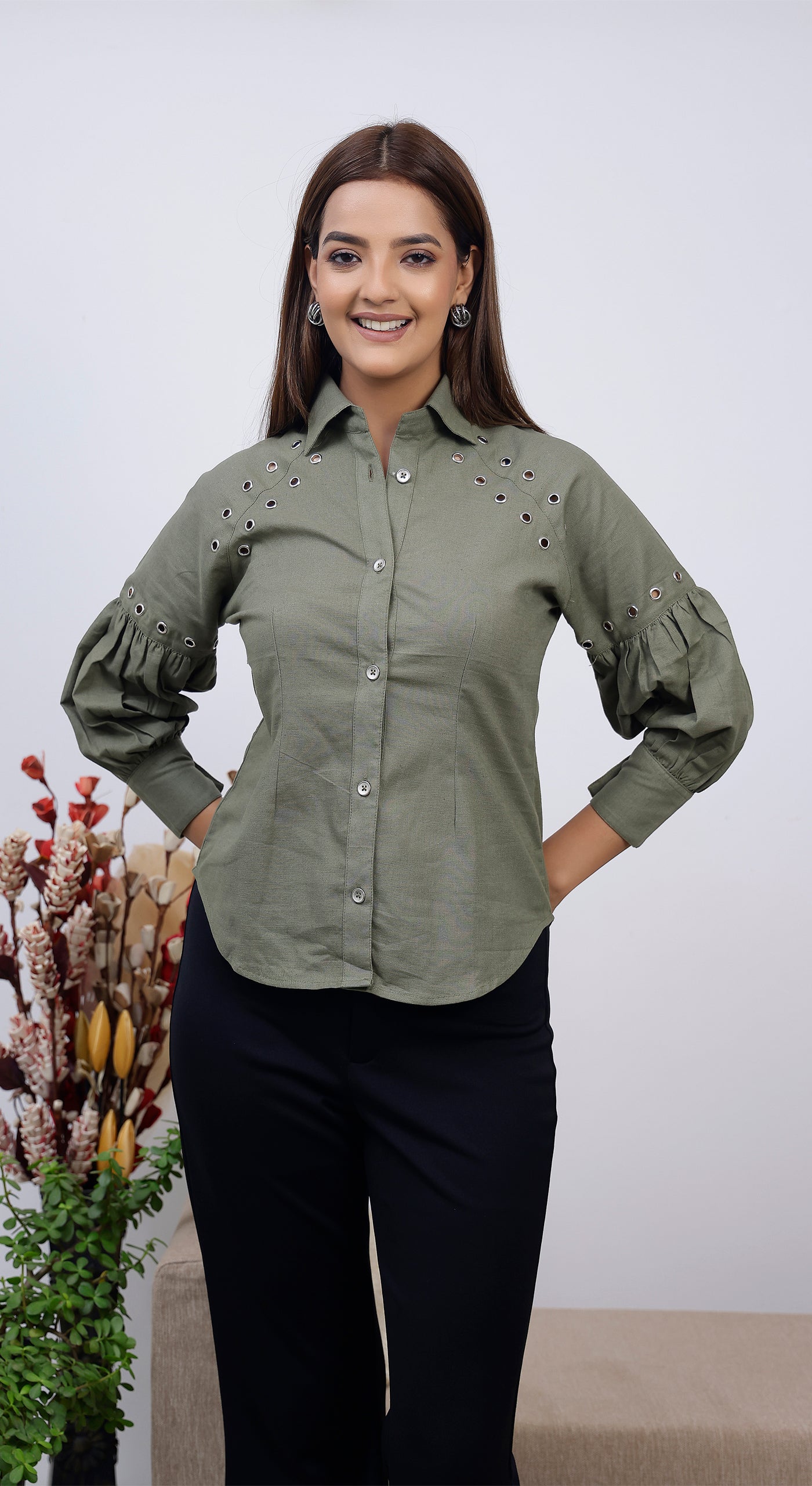 Cotton Linen Balloon Sleeve Shirt with Eyelets and Golden Color Buttons