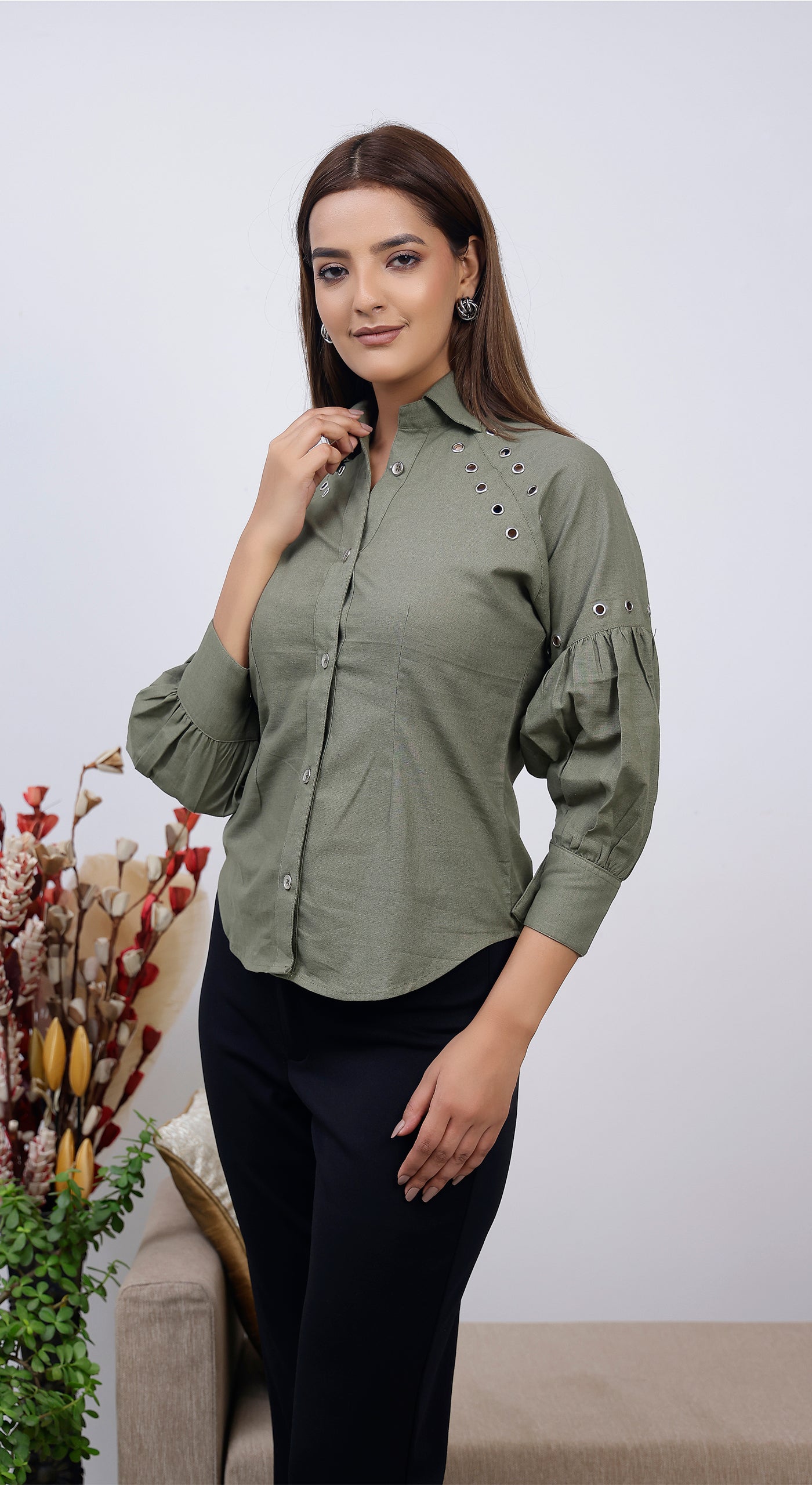 Cotton Linen Balloon Sleeve Shirt with Eyelets and Golden Color Buttons