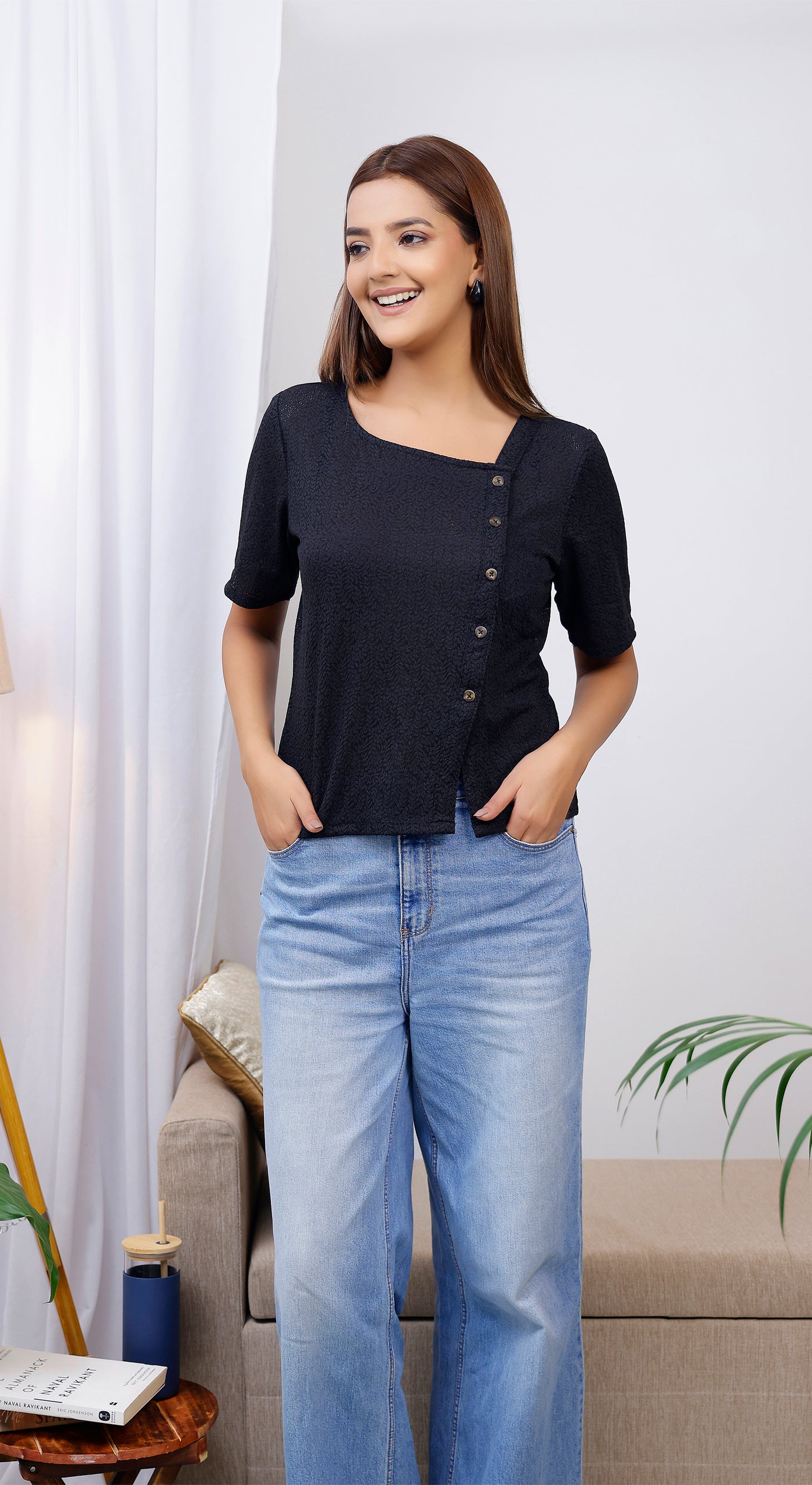 Luxurious Crochet Knitted Self Design Women's Top with Buttons