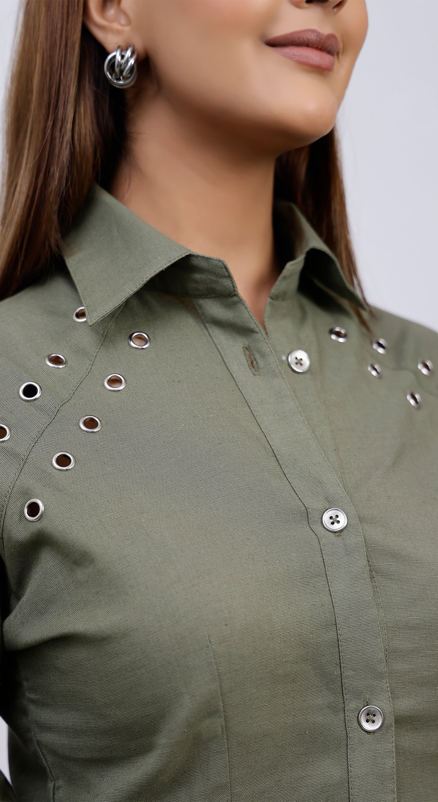 Cotton Linen Balloon Sleeve Shirt with Eyelets and Golden Color Buttons