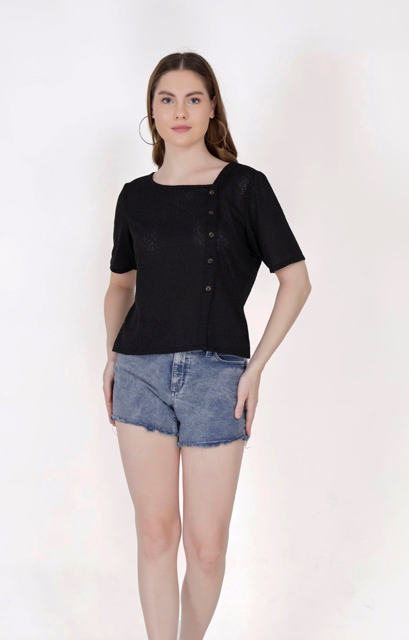 Luxurious Crochet Knitted Self Design Women's Top with Buttons