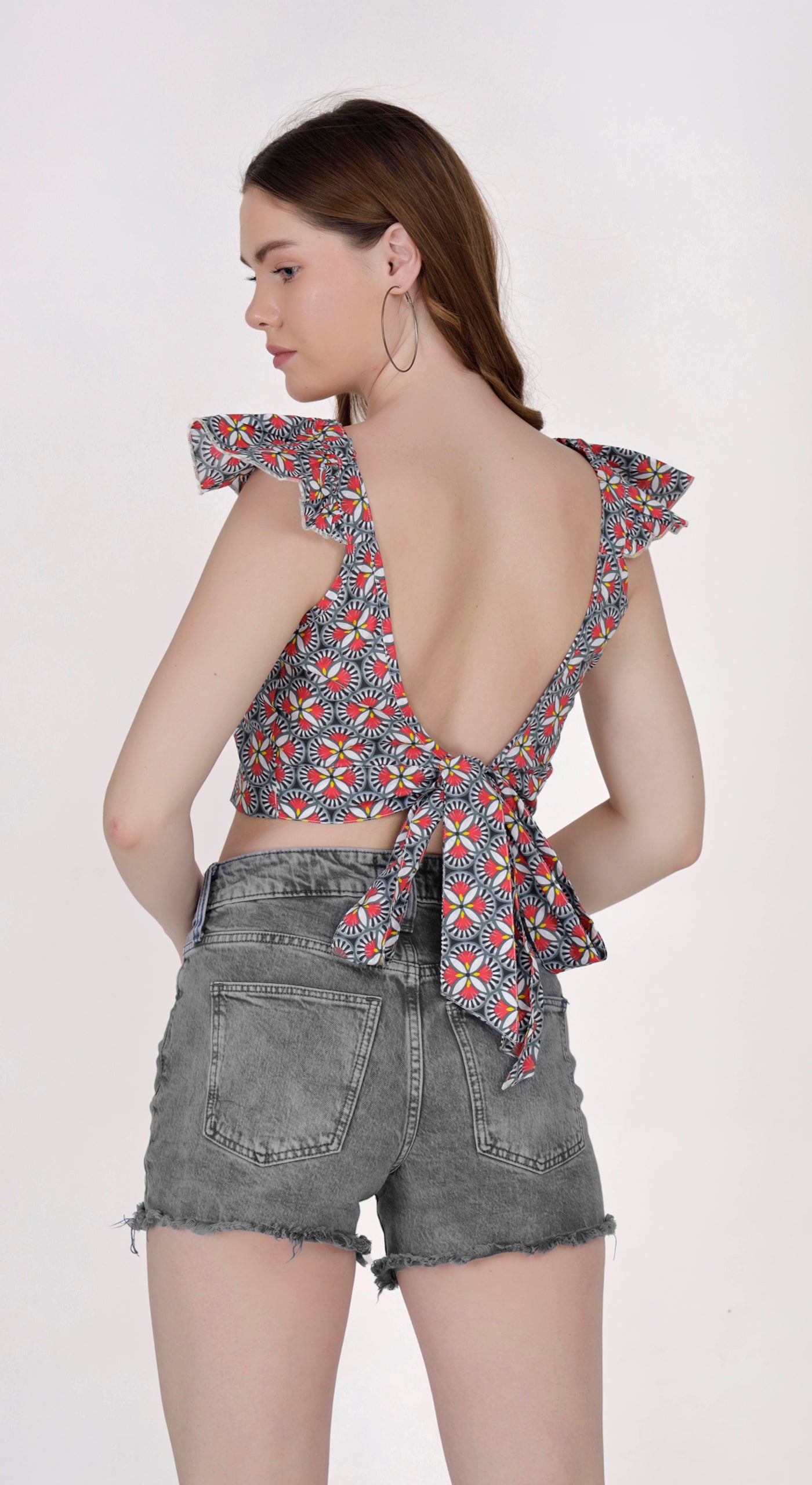 Floral Print Crop Top with Bow Shoulder Straps