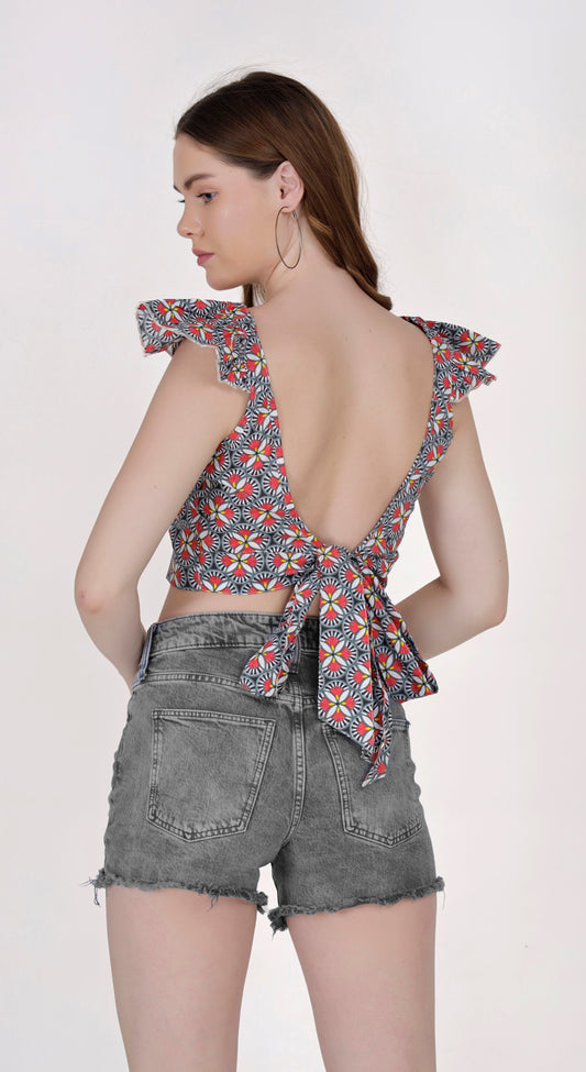 Floral Print Crop Top with Bow Shoulder Straps