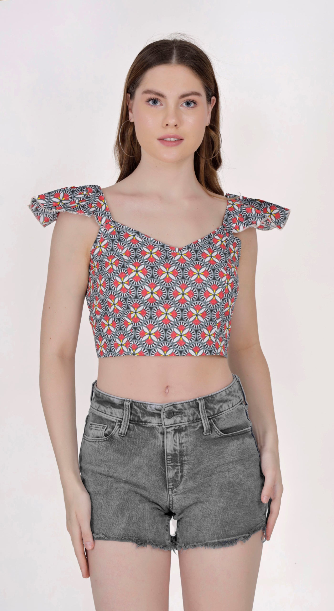 Floral Print Crop Top with Bow Shoulder Straps