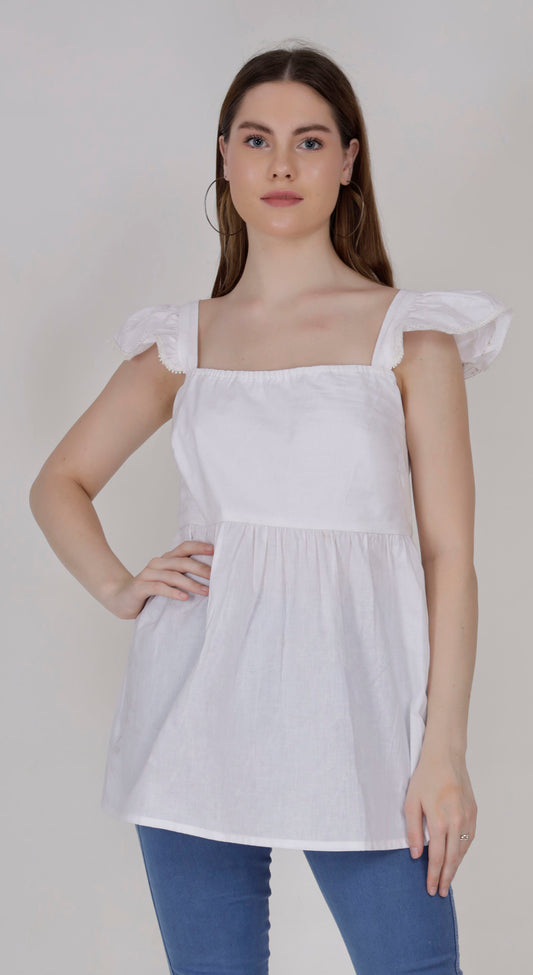 Women's Cotton White Bow Shoulder Lace A line Top with Elastic Bust