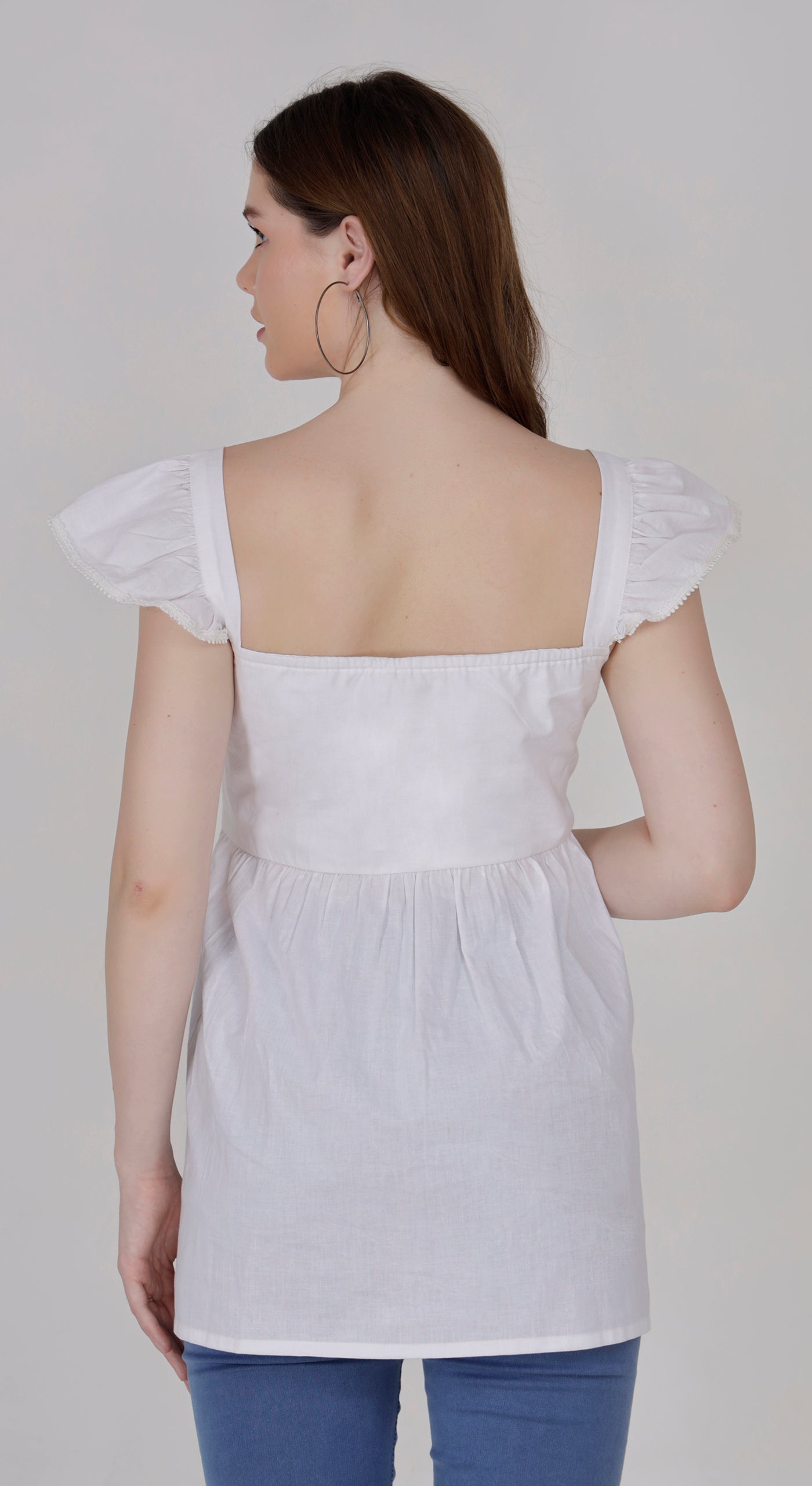 Women's Cotton White Bow Shoulder Lace A line Top with Elastic Bust