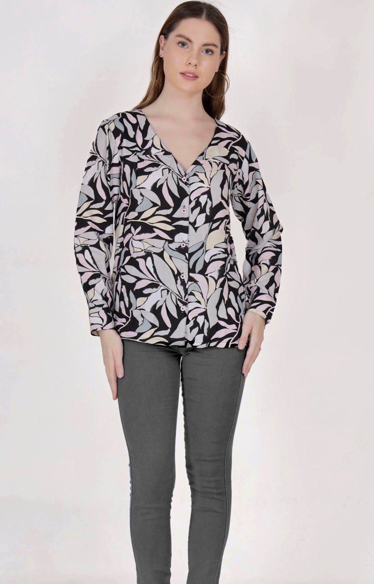 Floral Printed Women's V Neck Full Sleeve Shirt with Buttons