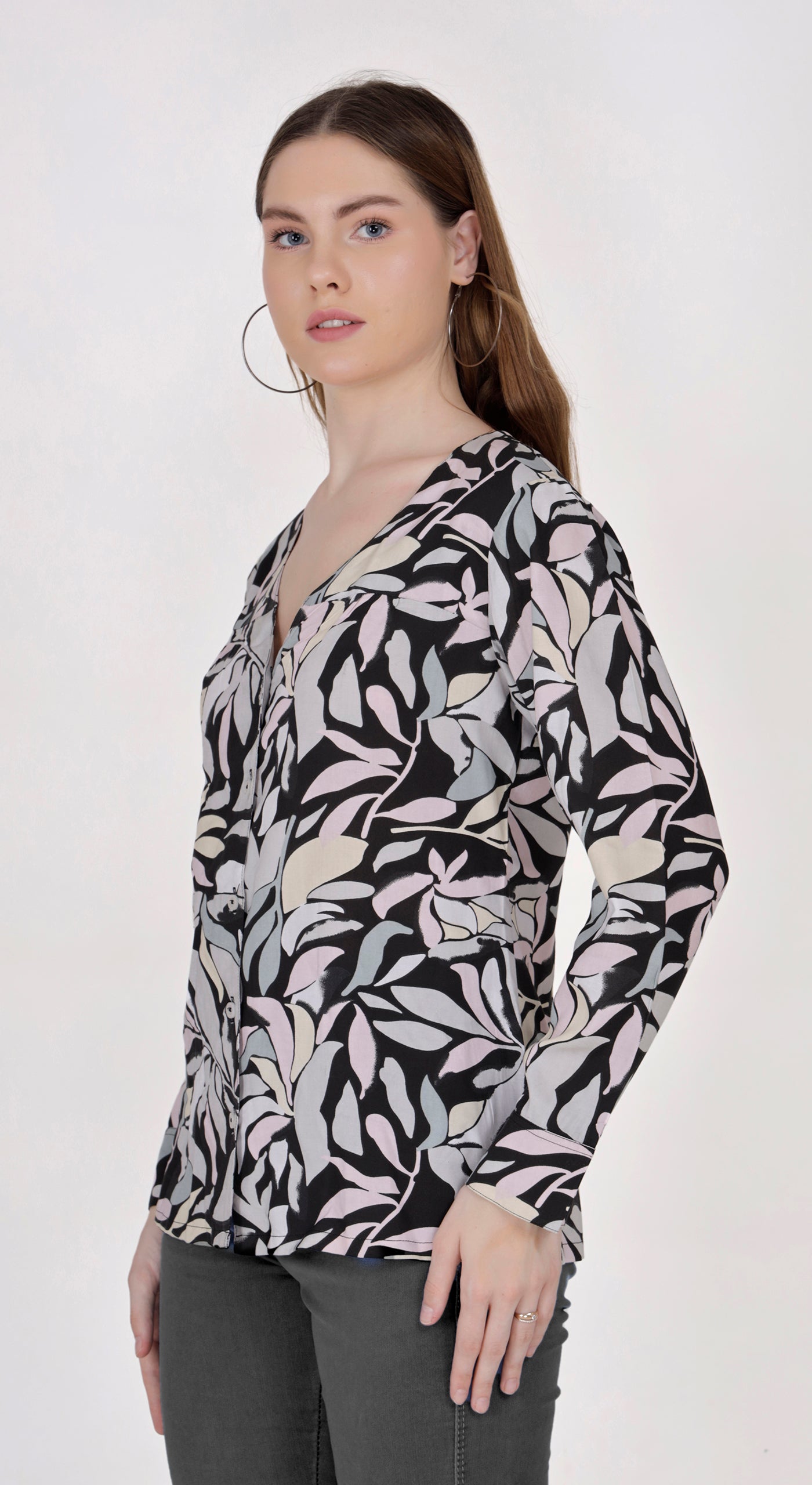 Floral Printed Women's V Neck Full Sleeve Shirt with Buttons