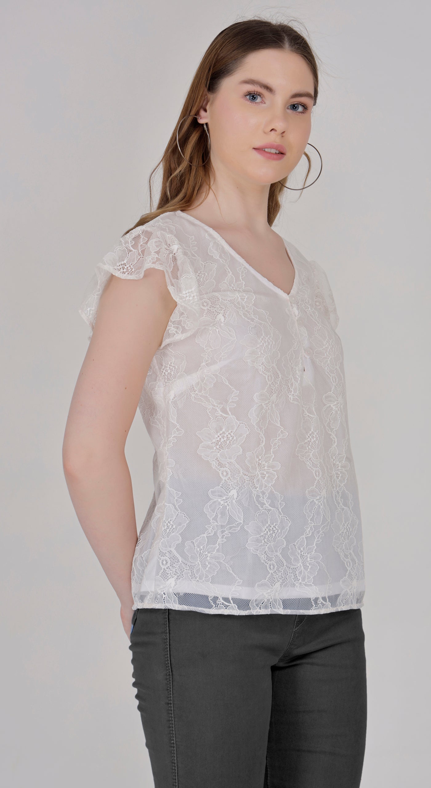 Luxurious Crochet Knitted Self Design Women's Top with Buttons & Lining