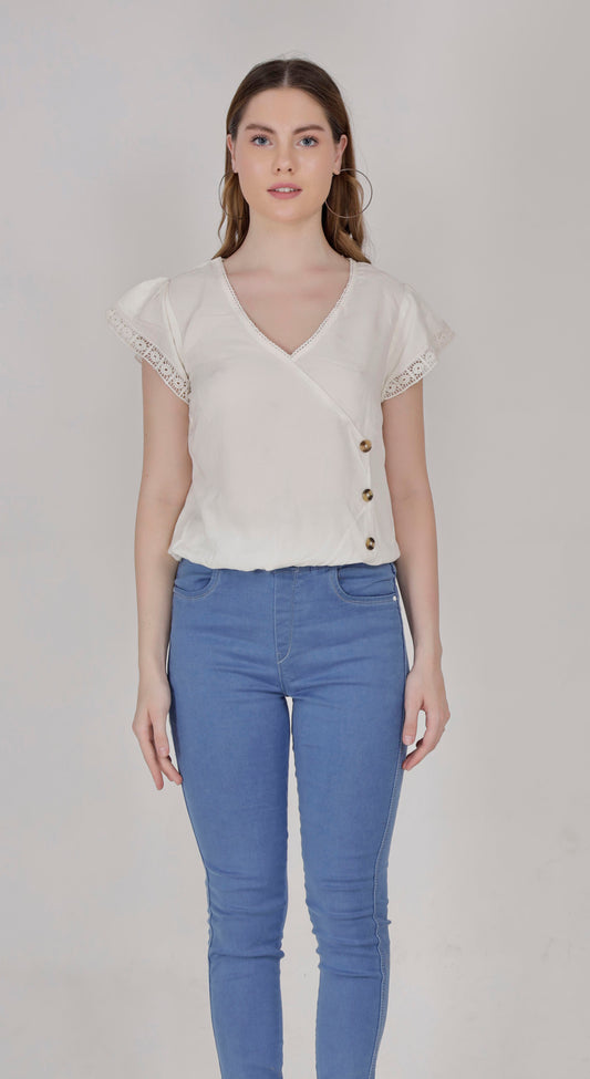 Elegant Lace-Trimmed Women's Top with Button and Elastic at Bottom