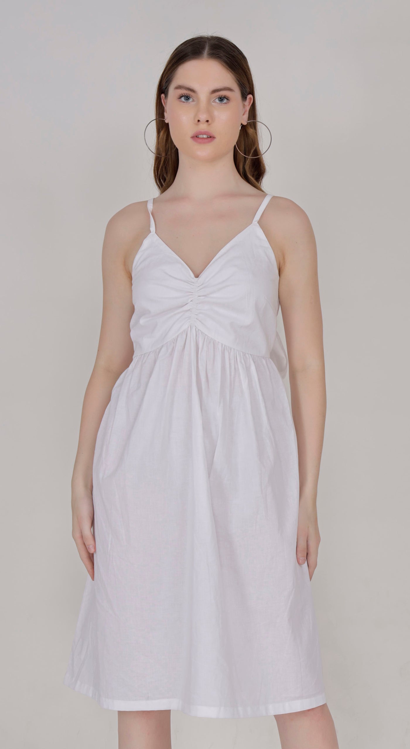 Women's Cotton White Bow A Line Dress with Elastic Bust