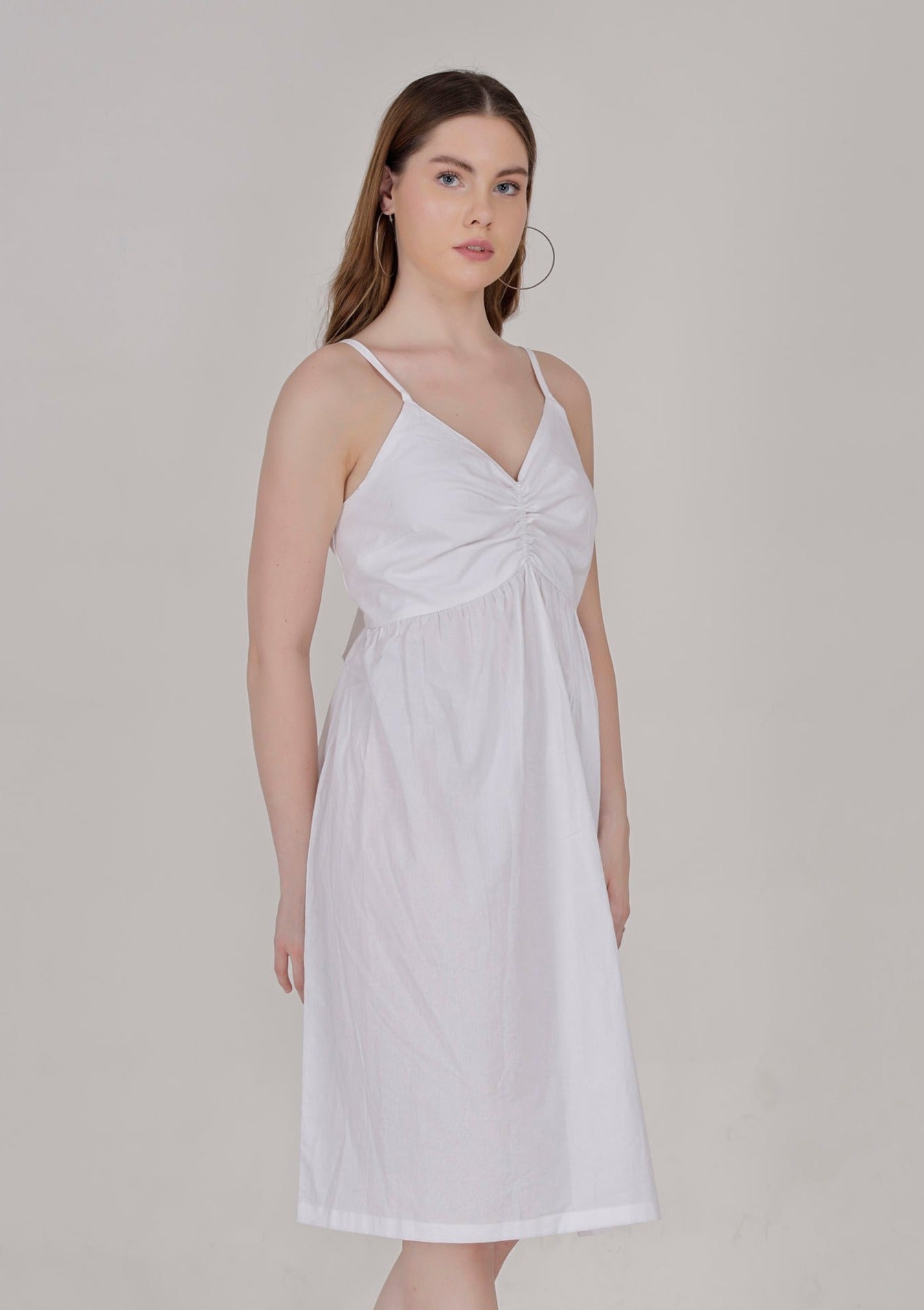 Women's Cotton White Bow A Line Dress with Elastic Bust