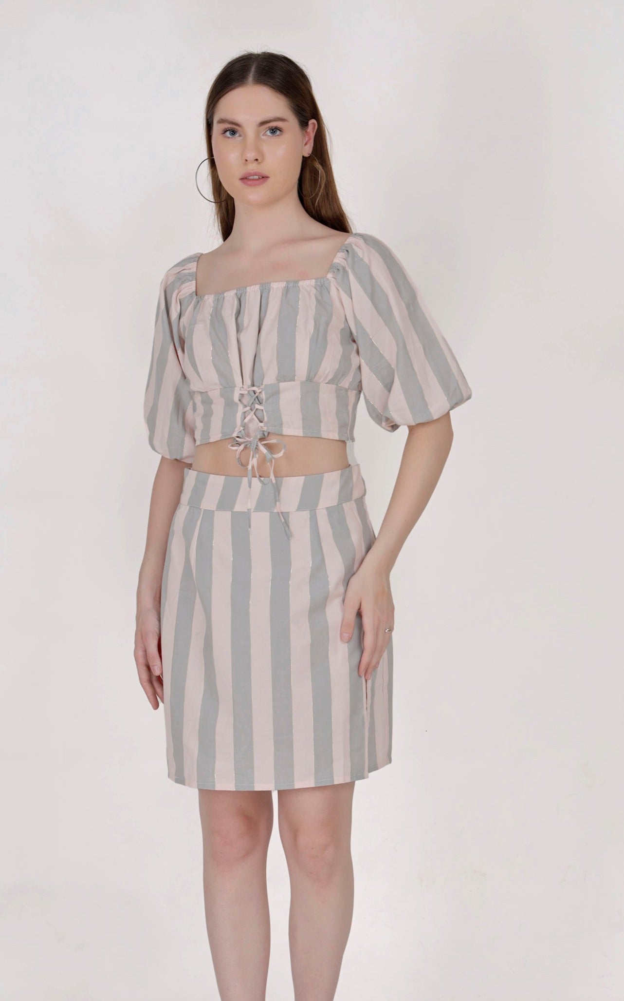 Elegant Stripe with Lurex Women's Top & Skirt (with Zipper and Pocket) SET