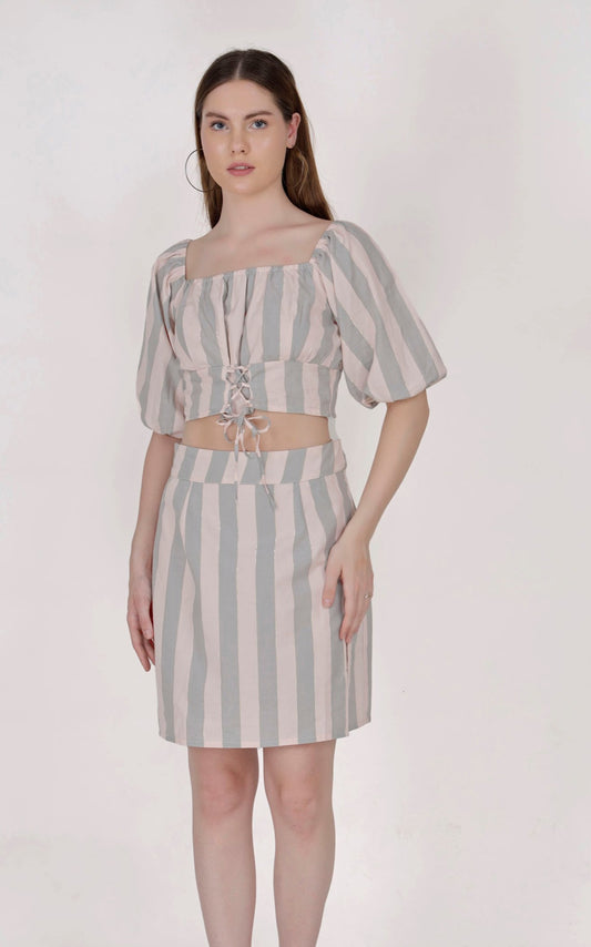 Elegant Stripe with Lurex Women's Top & Skirt (with Zipper and Pocket) SET