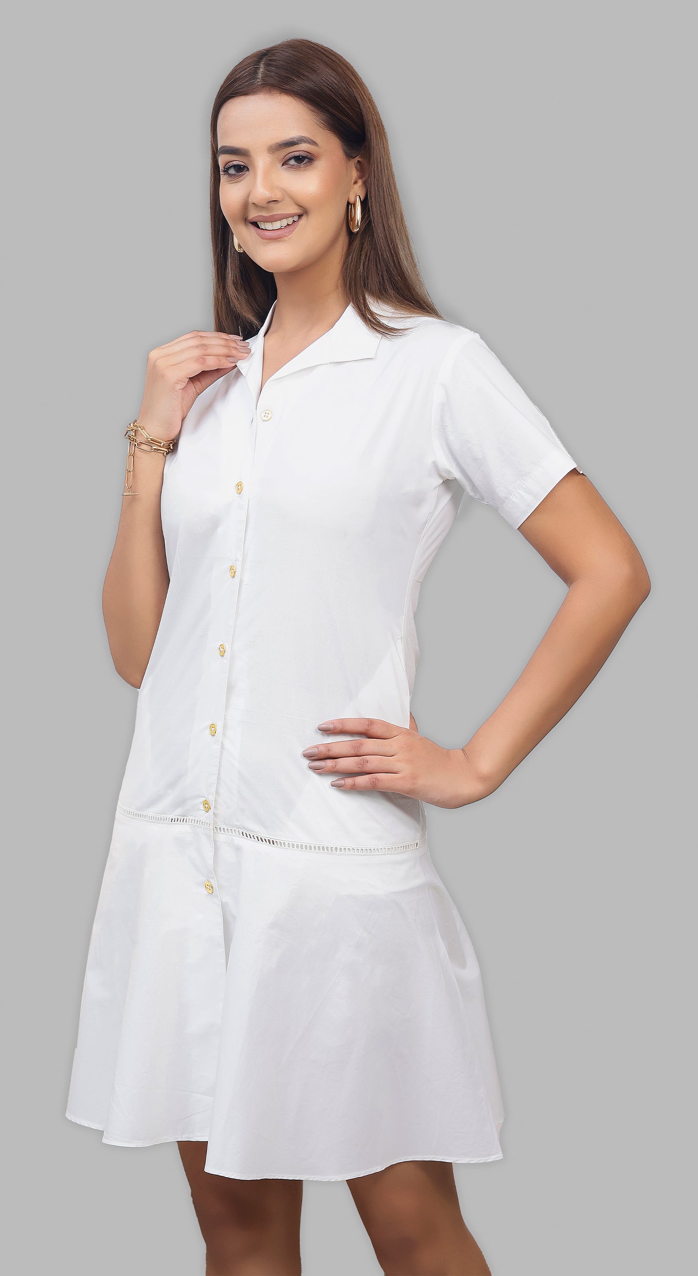 Premium Cotton White Dress with Half Sleeve, Collar, Ladder Lace & Metal Buttons