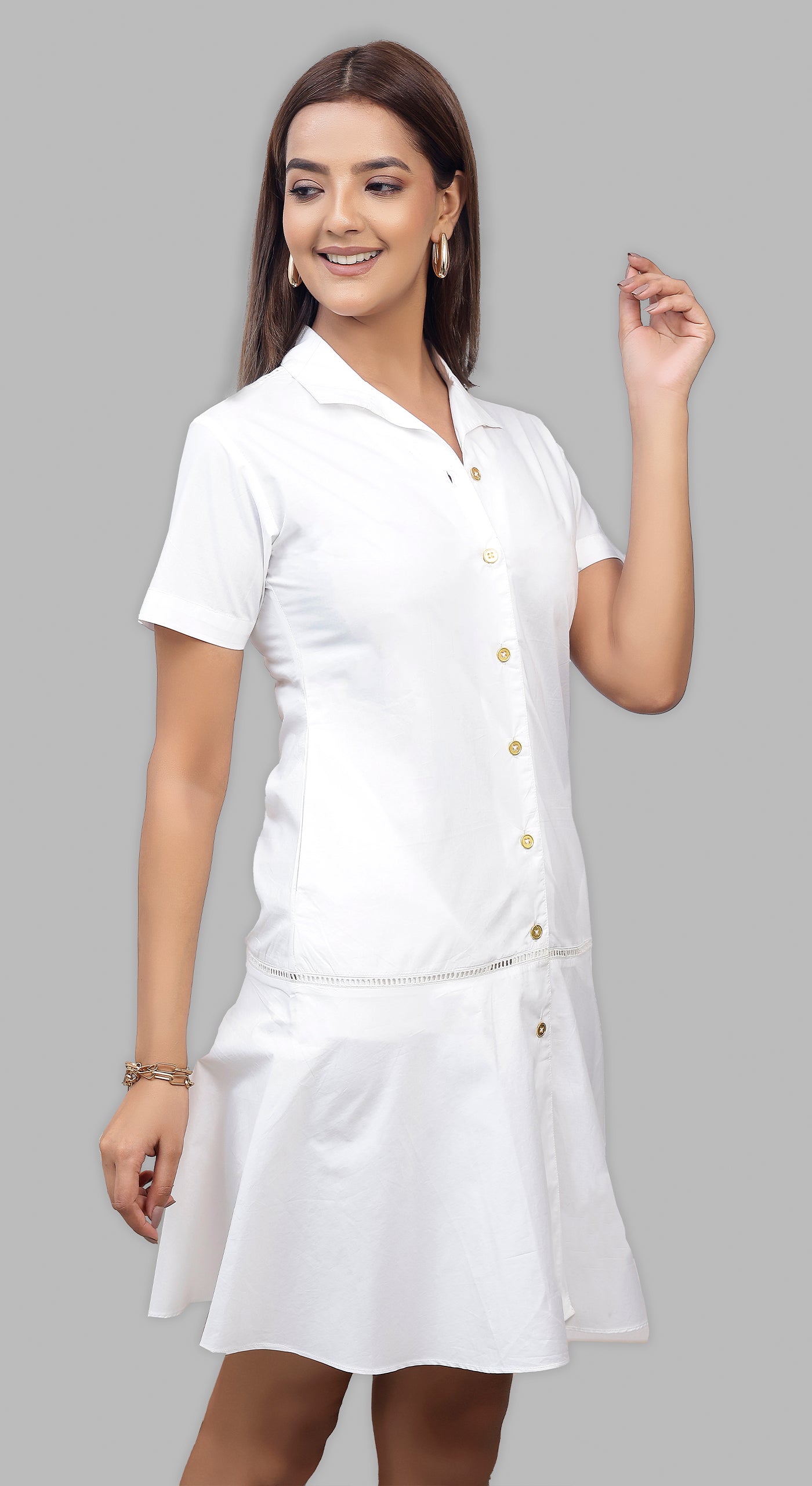 Premium Cotton White Dress with Half Sleeve, Collar, Ladder Lace & Metal Buttons