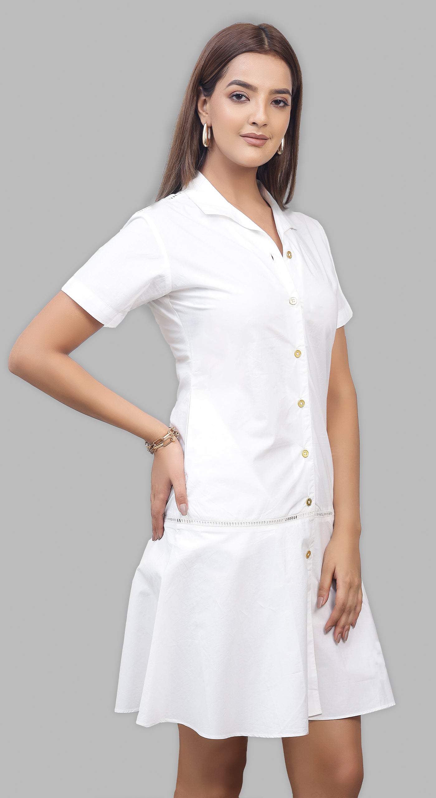 Premium Cotton White Dress with Half Sleeve, Collar, Ladder Lace & Metal Buttons