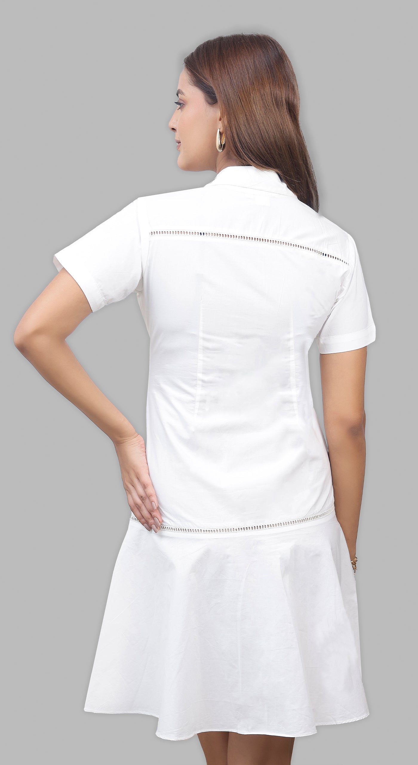 Premium Cotton White Dress with Half Sleeve, Collar, Ladder Lace & Metal Buttons